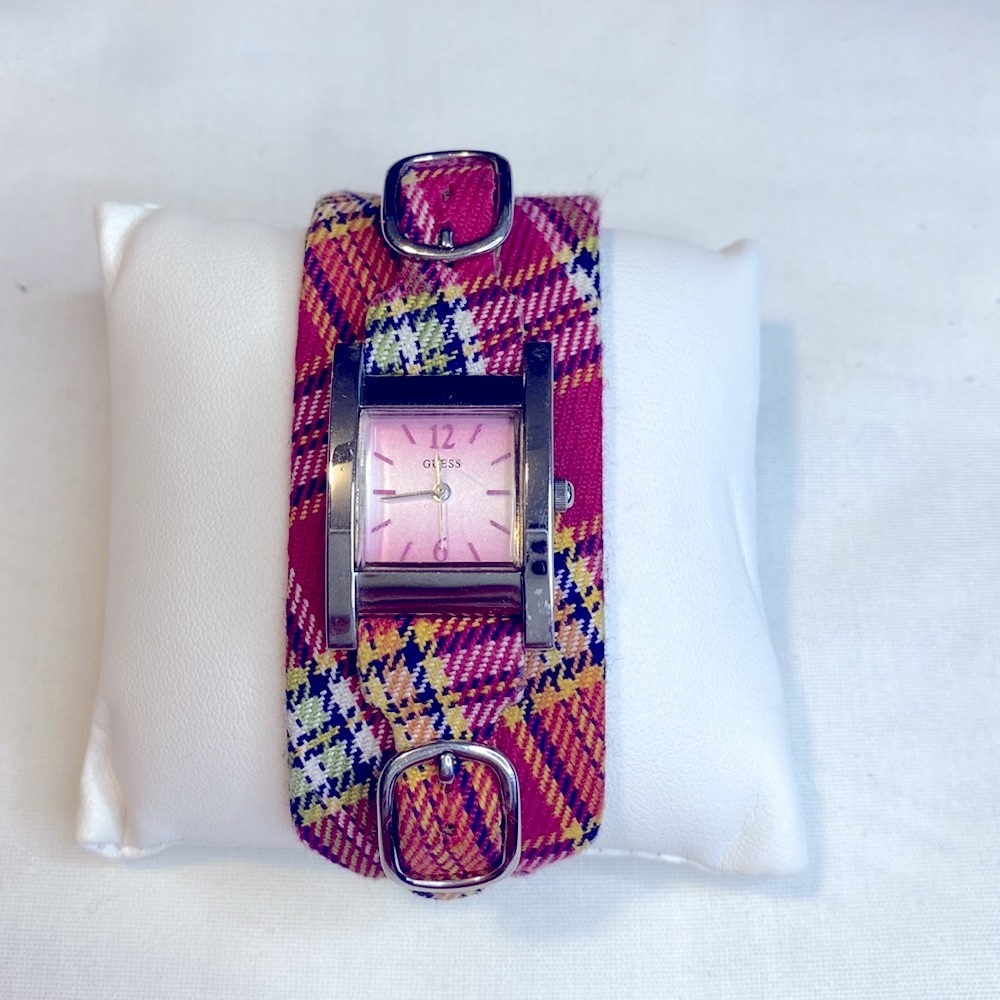 Working! Vintage Y2k Guess Pink Plaid Fabric Watch